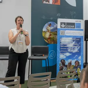 Michelle Tigchelaar speaks at the “Scaling solutions for resilient animal and aquatic food systems” session at COP 30.