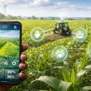 AI-generated image showing hand holding smartphone in front of agricultural field, with icons for various apps superimposed